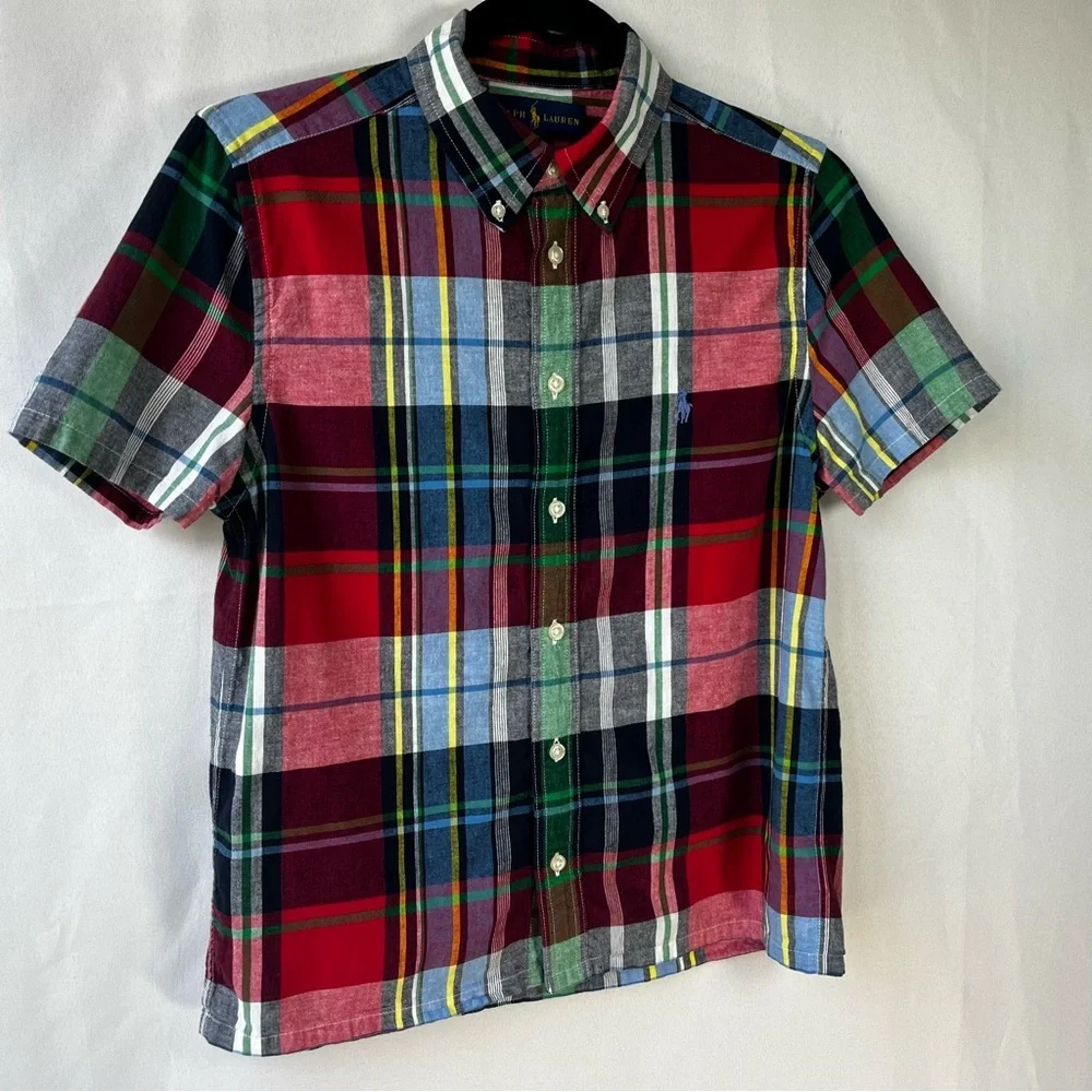 Polo Ralph Lauren Boy's L(14-15) Madras Plaid Button Down Short Sleeve Shirt